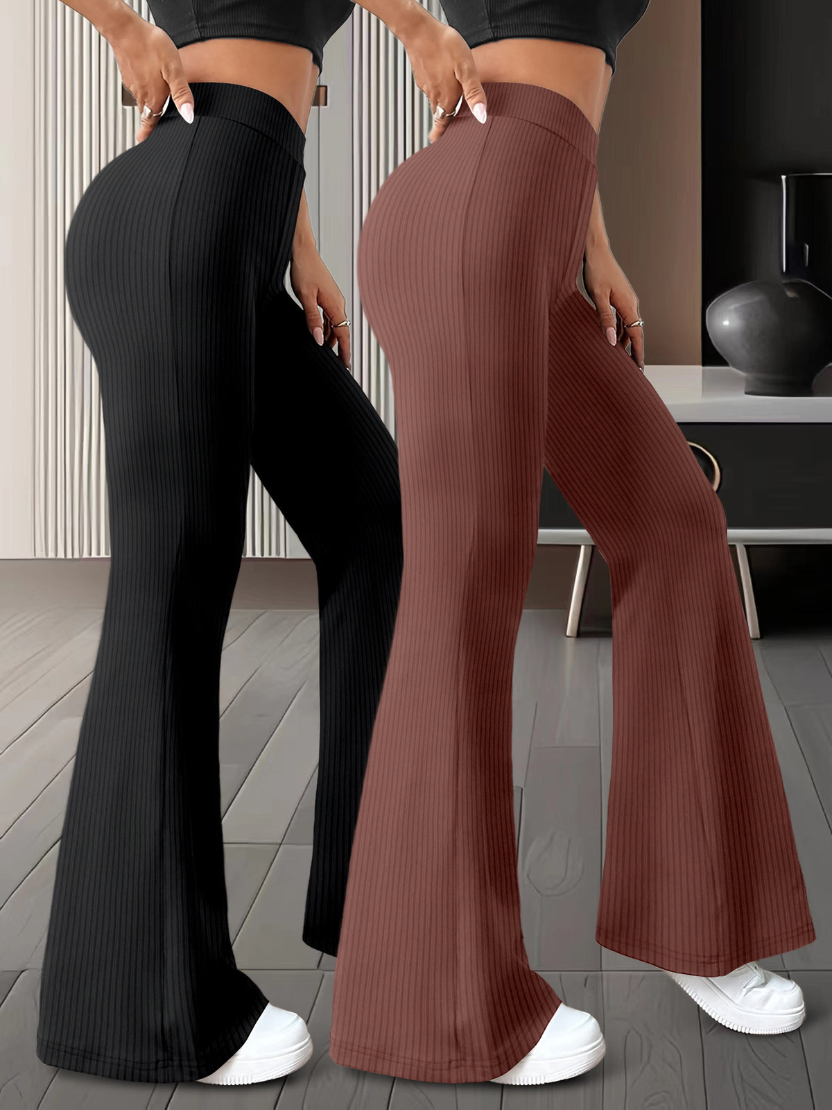 Lot de 2 paires de pantalons femme taille haute à jambes évasée