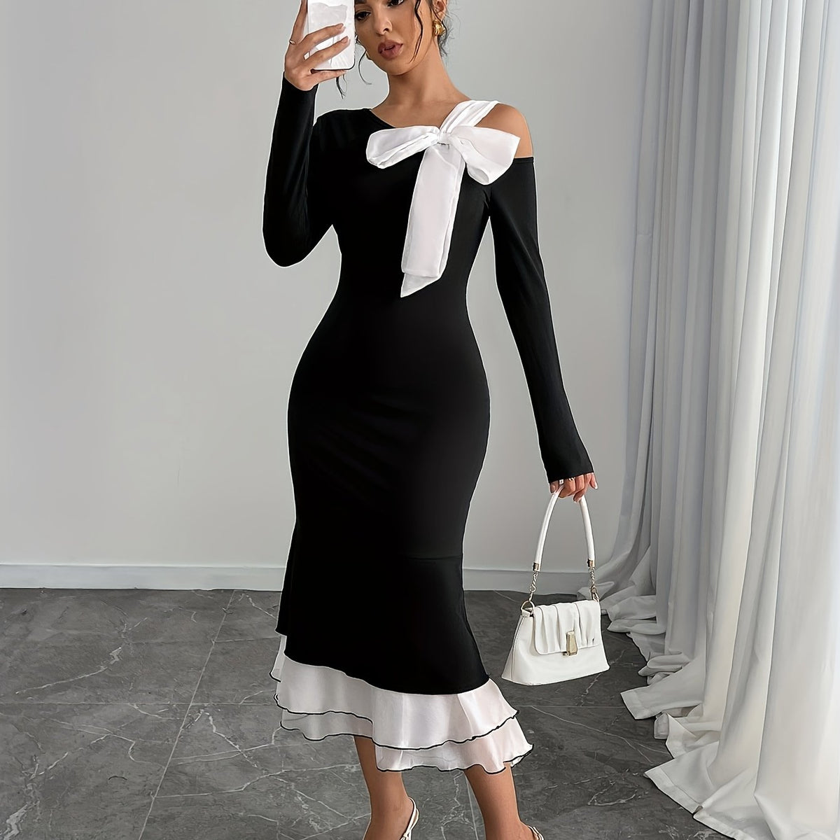 Robe tricotée asymétrique à une épaule avec nœud #Paris