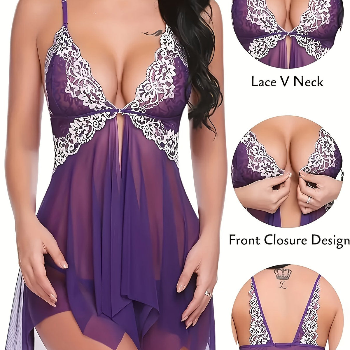 Nuisette sexy en dentelle et tulle transparent
