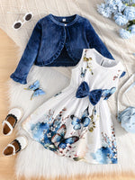 Ensemble deux-pièces pour filles avec veste à manches longues unie et robe imprimée papillon.