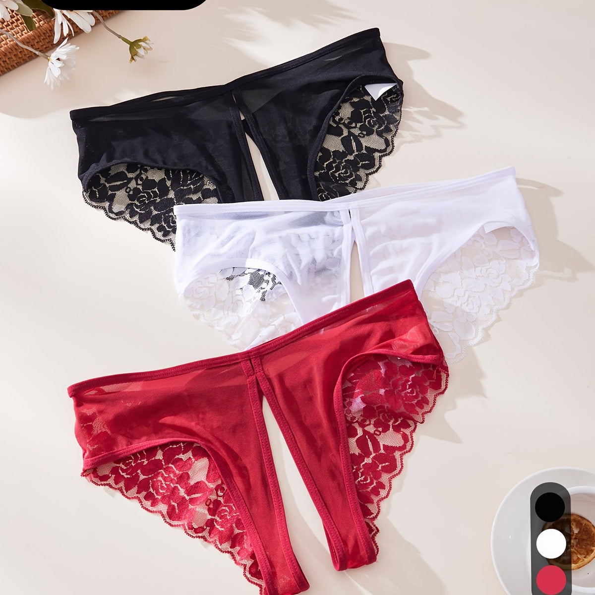 Lot de 3 culottes sexy en dentelle ajourée