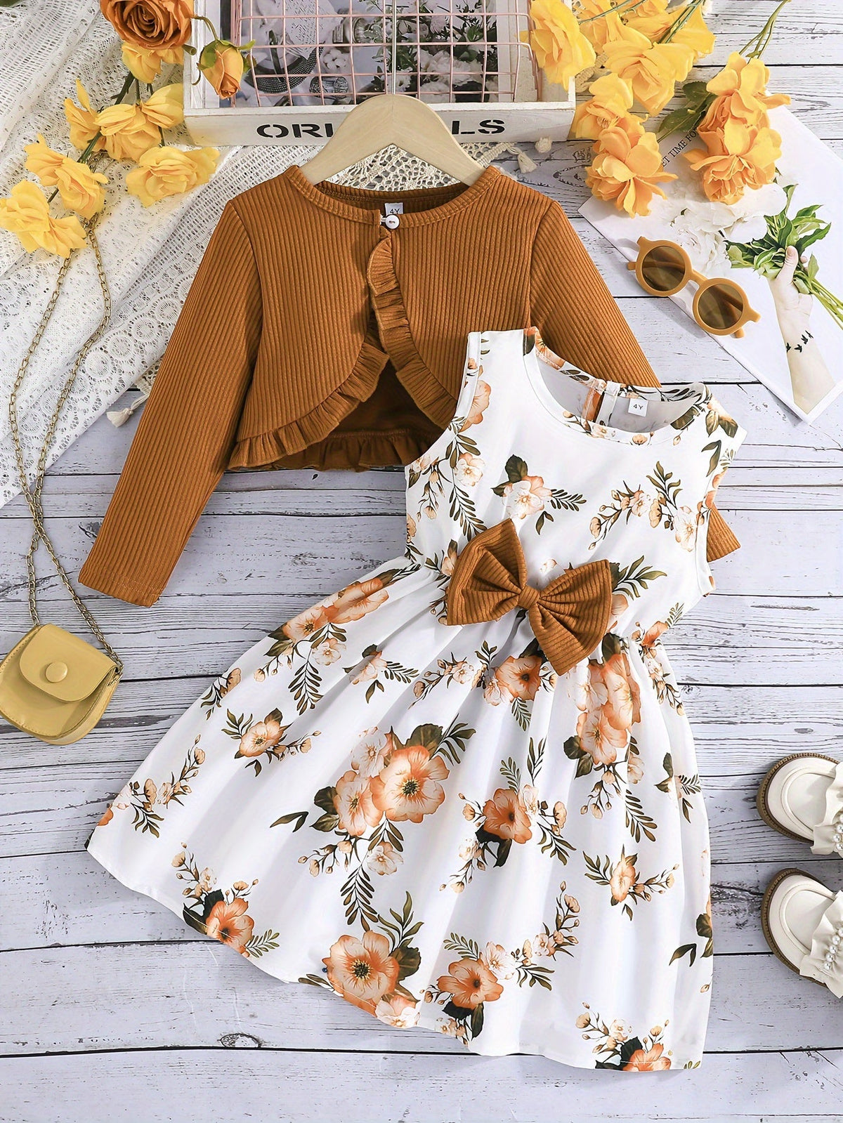 Ensemble fille : robe à bretelles avec nœud et cardigan volanté, imprimé floral.
