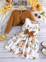 Ensemble fille : robe à bretelles avec nœud et cardigan volanté, imprimé floral.