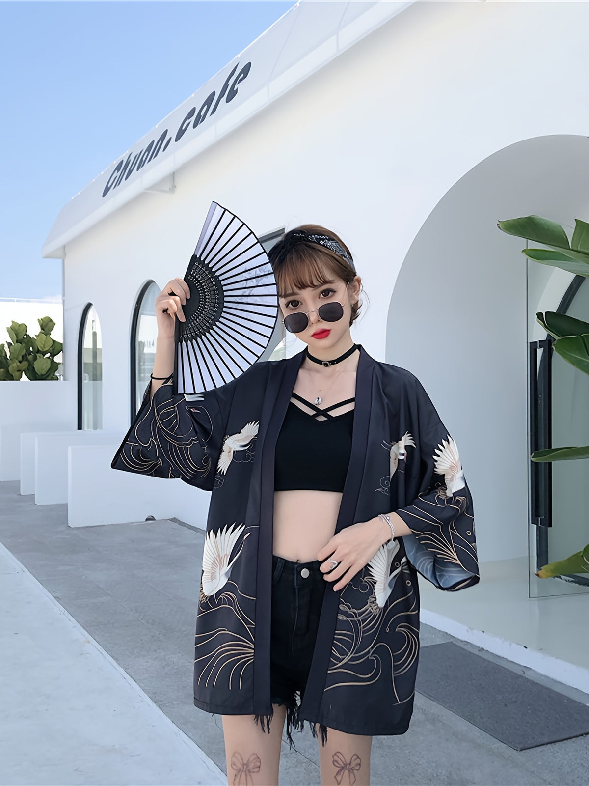 Kimono ouvert à imprimé grue