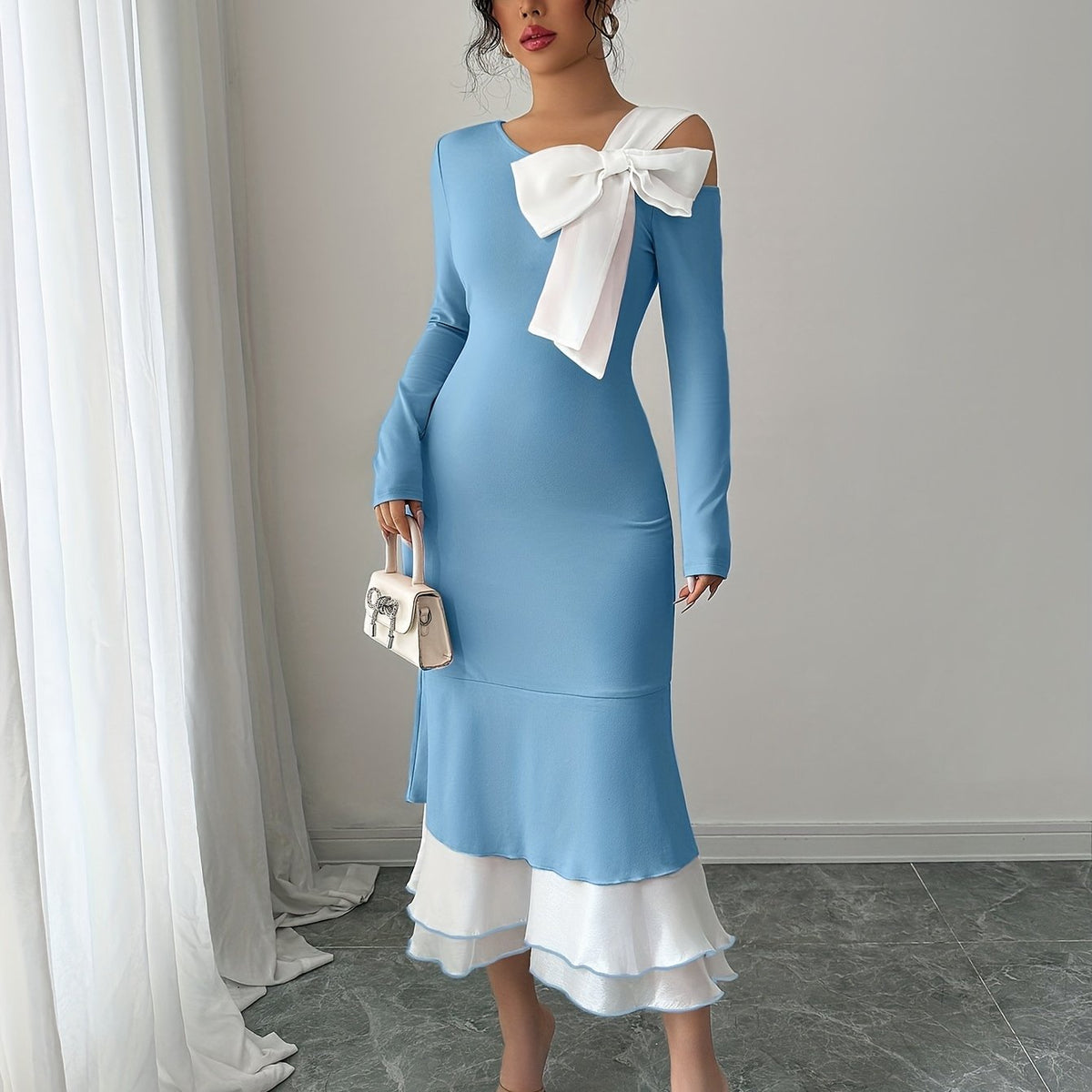 Robe tricotée asymétrique à une épaule avec nœud #Paris