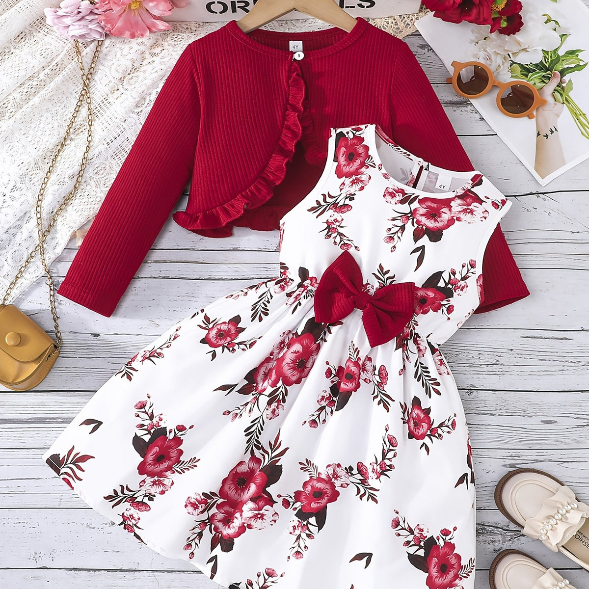 Ensemble fille : robe à bretelles avec nœud
