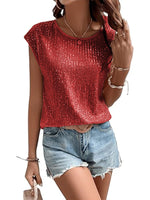 Top à sequins sans manches à col rond