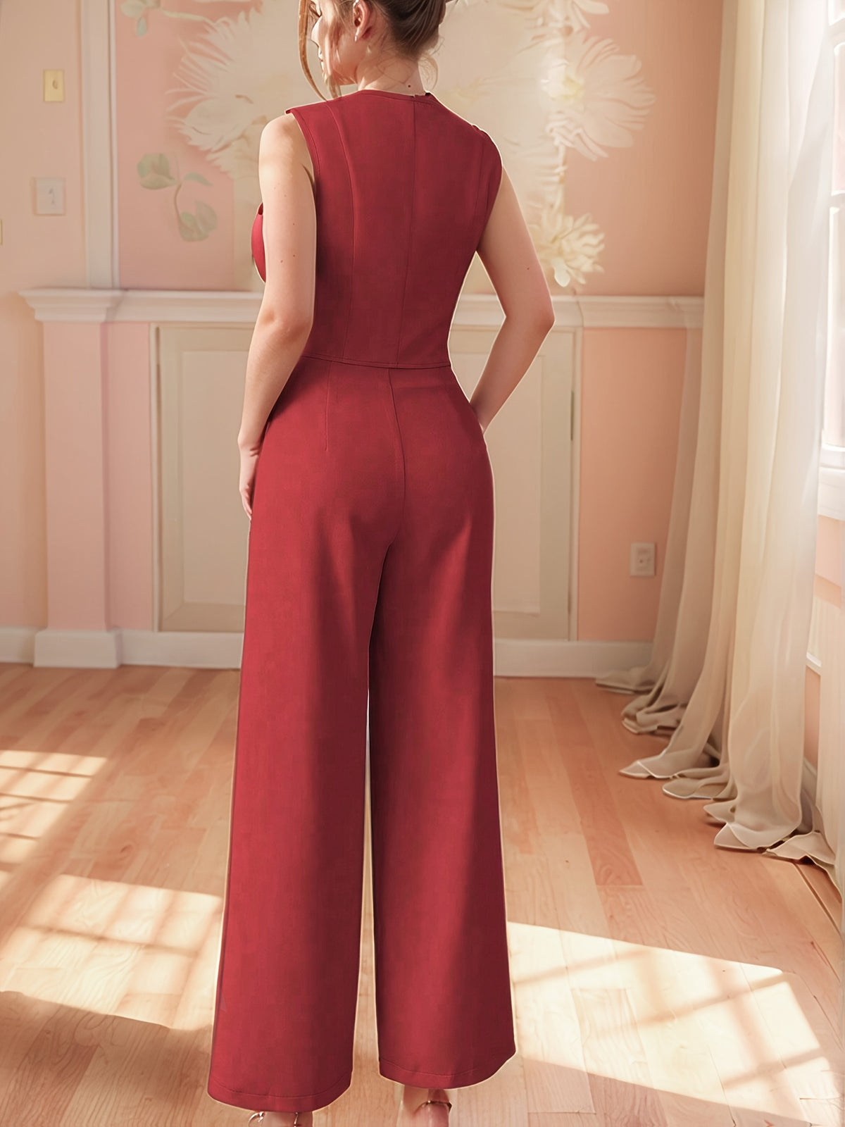 Chic red two-piece set : gilet blazer sans manches