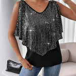 T-shirt à sequins noir en V