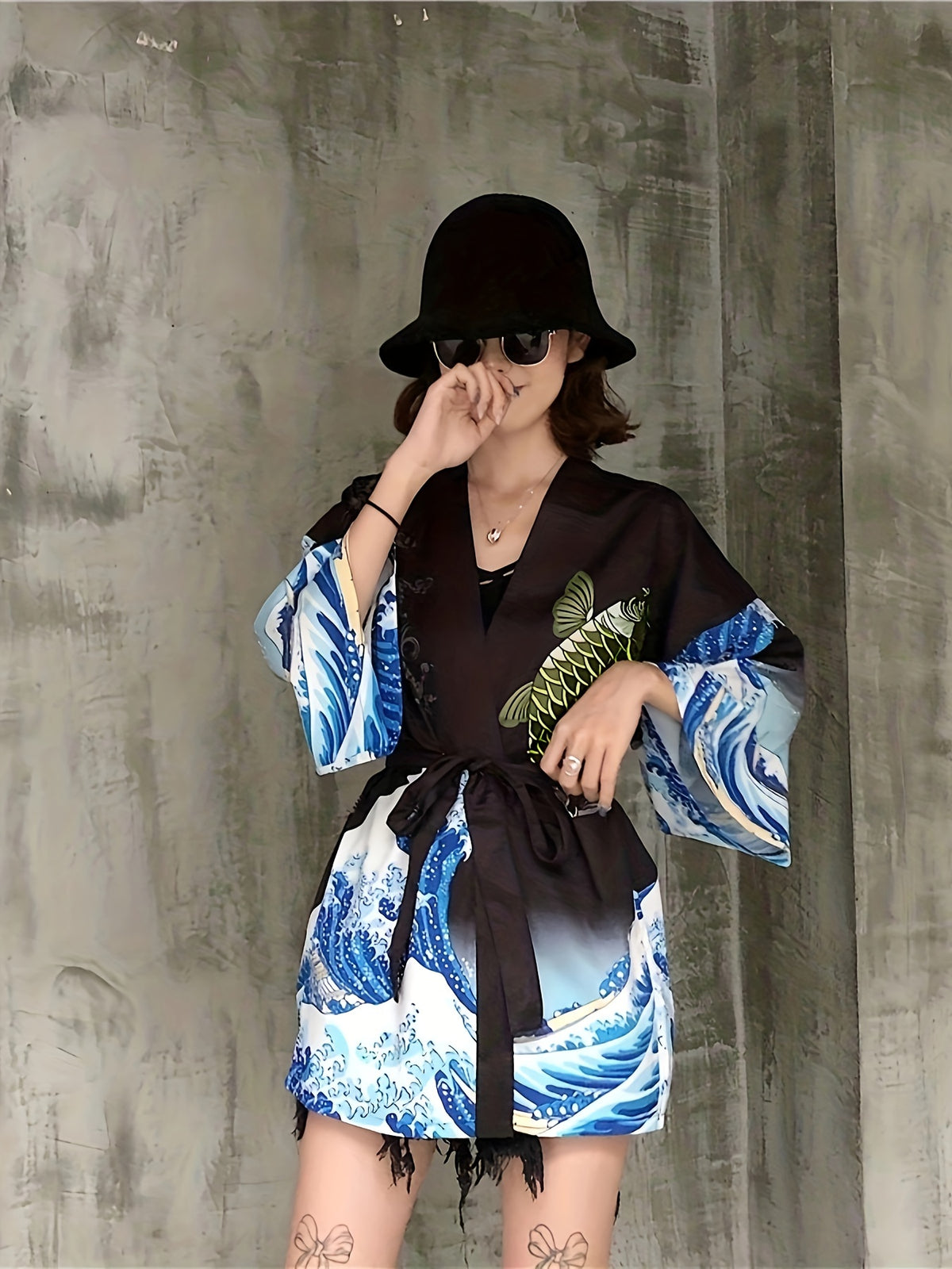 Kimono léger avec imprimé carpe koï &amp; vagues