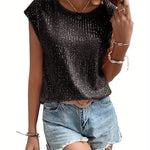 Top à sequins sans manches à col rond