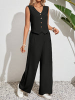 Elegant sleeveless v-neck vest and pants set for versatile occasions.