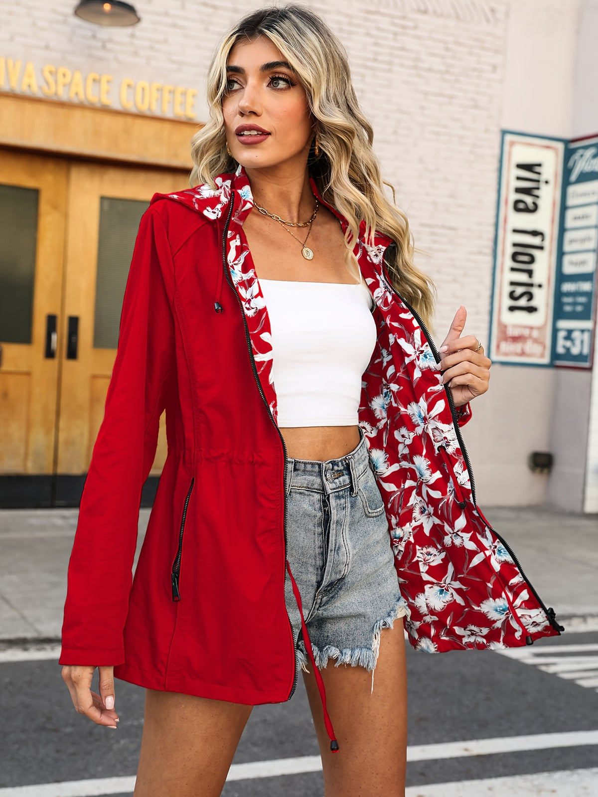 Veste légère réversible à imprimé floral pour femme #L911