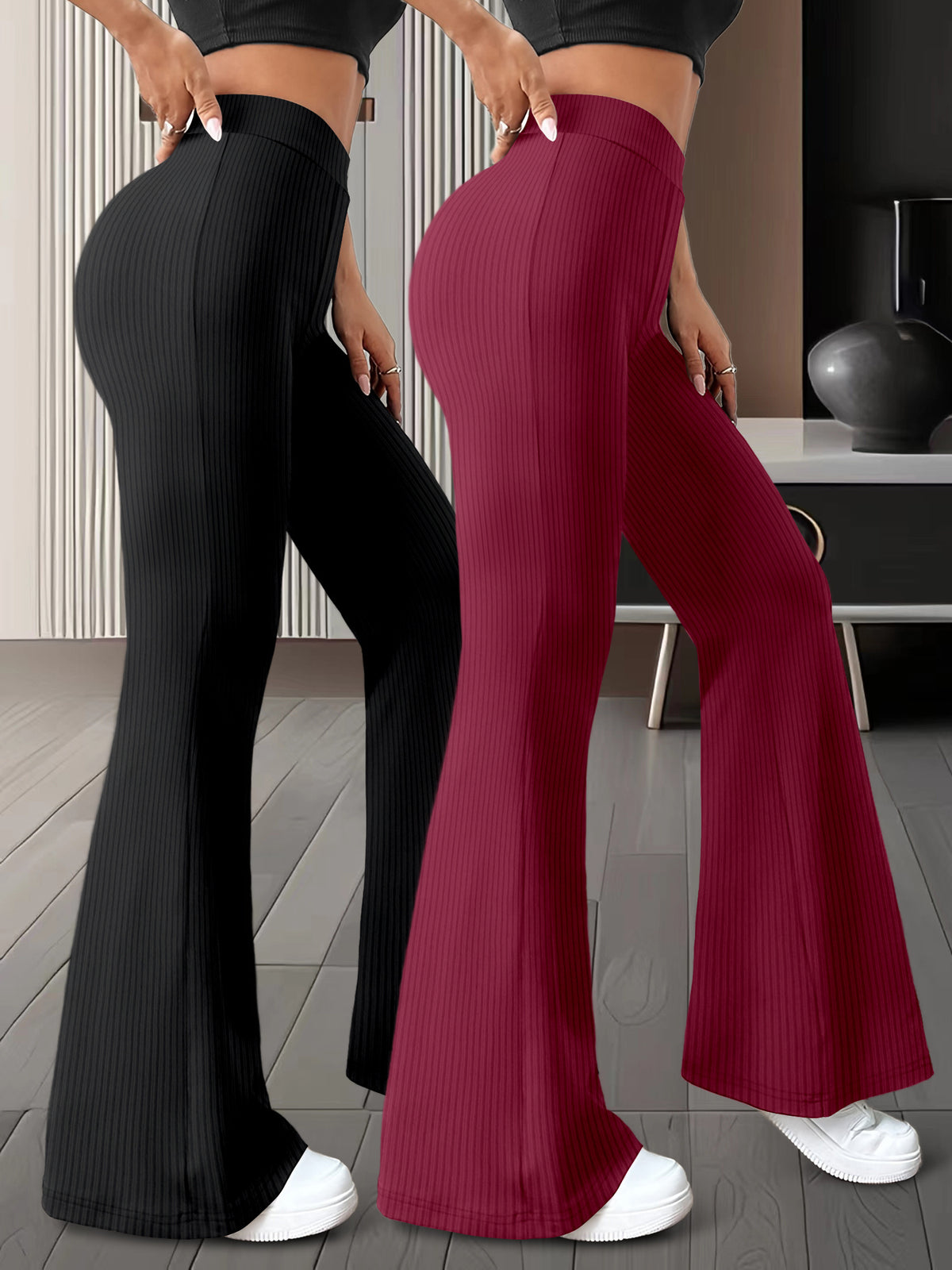 Lot de 2 paires de pantalons femme taille haute à jambes évasée