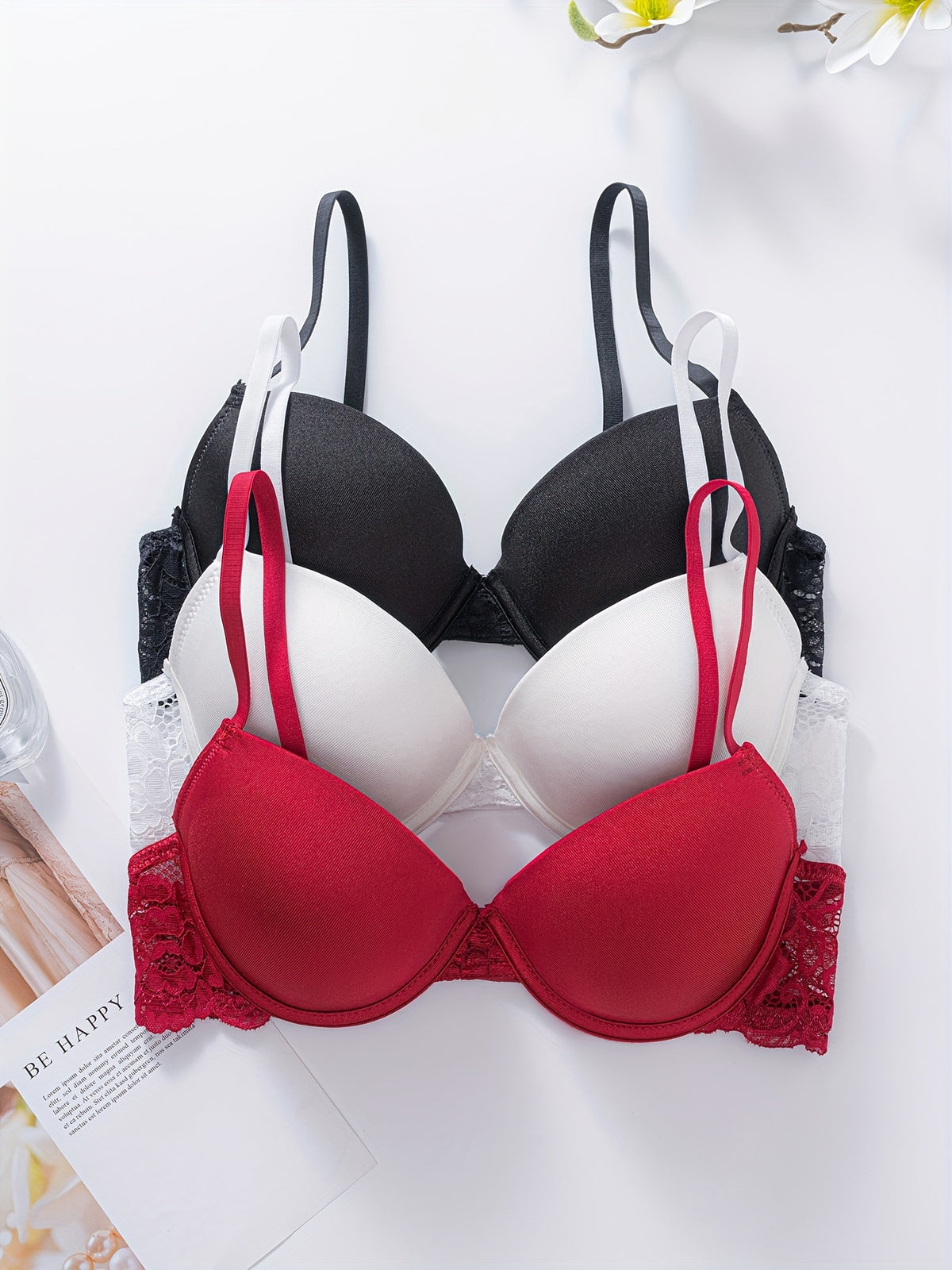 Lot de 3 soutiens-gorge en dentelle florale