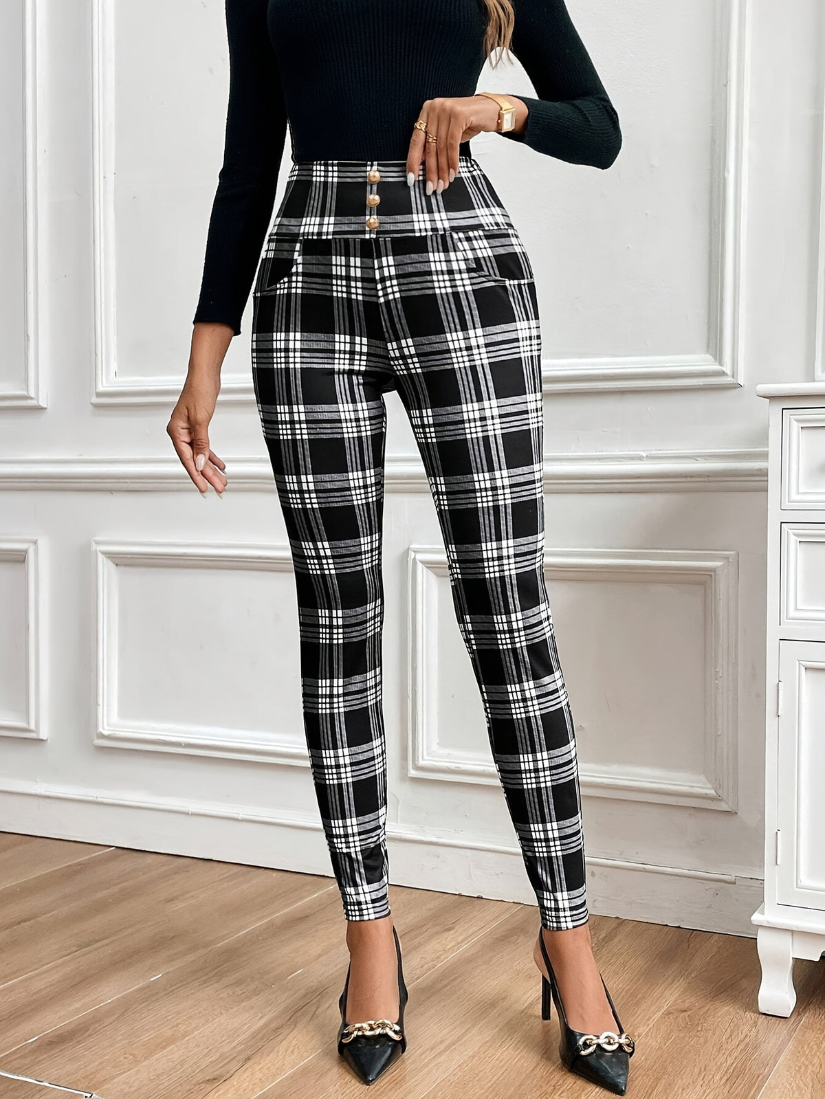 Pantalon skinny taille haute à carreaux
