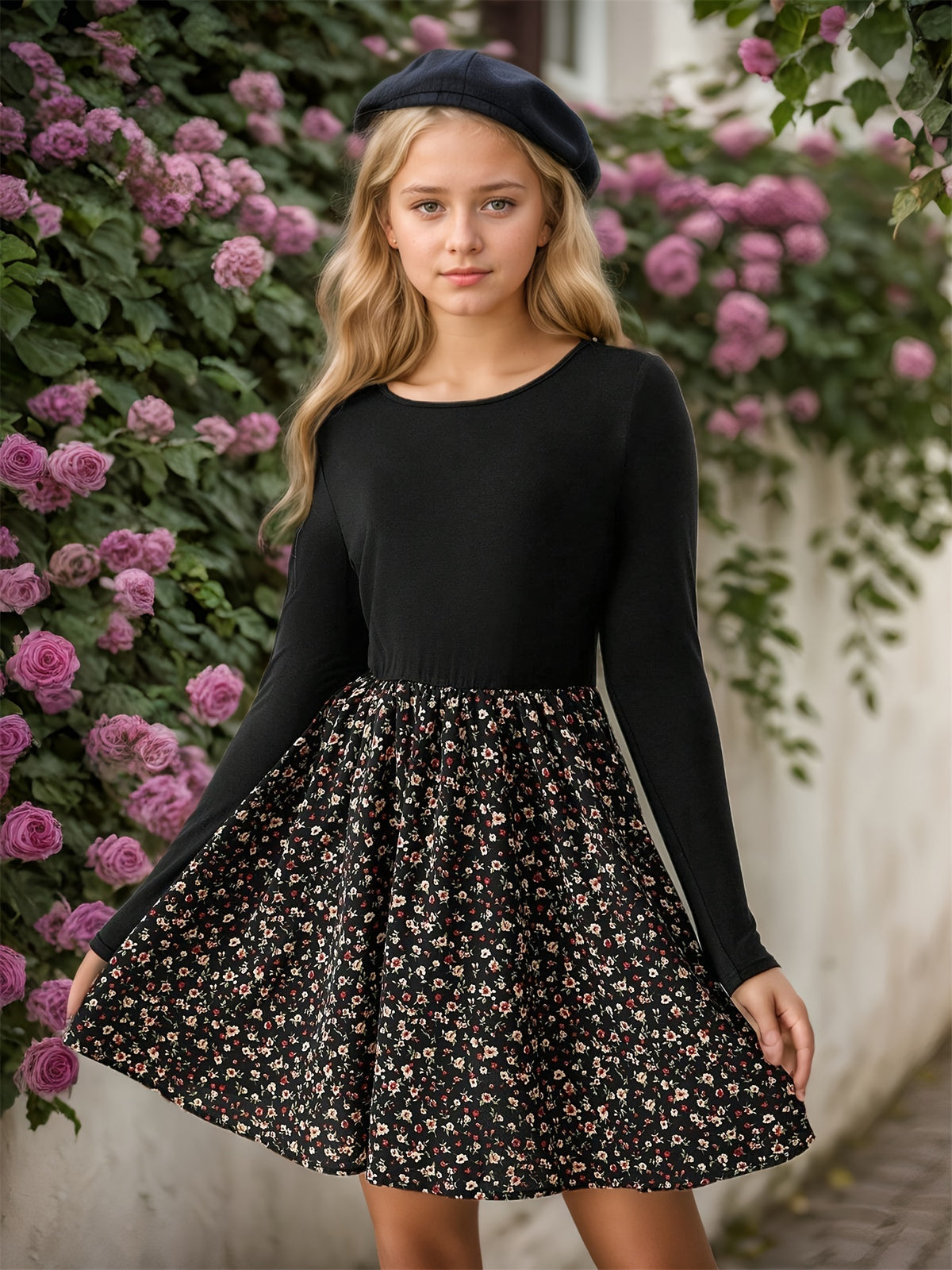 Robe tricotée à patchwork floral pour filles