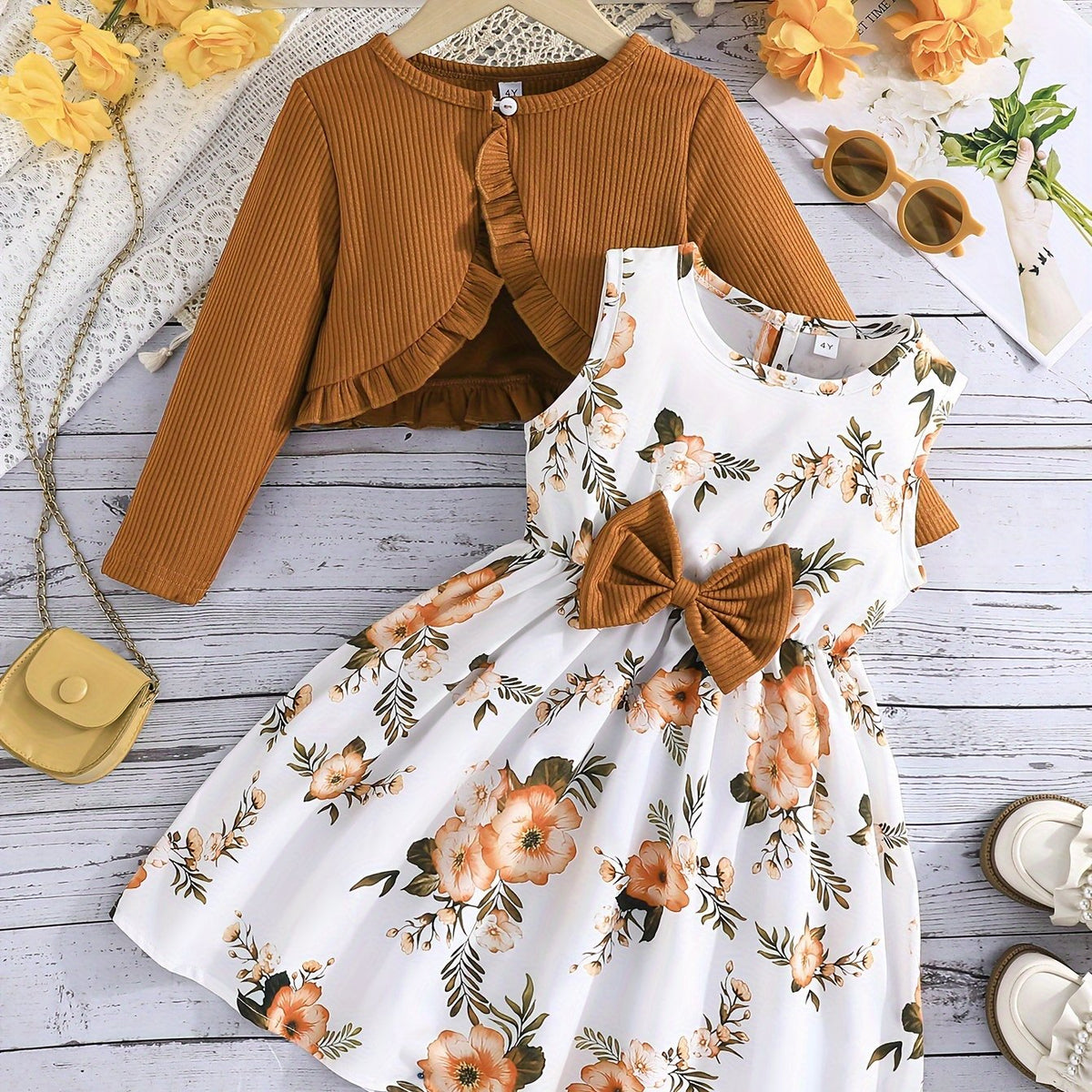 Ensemble fille : robe à bretelles avec nœud