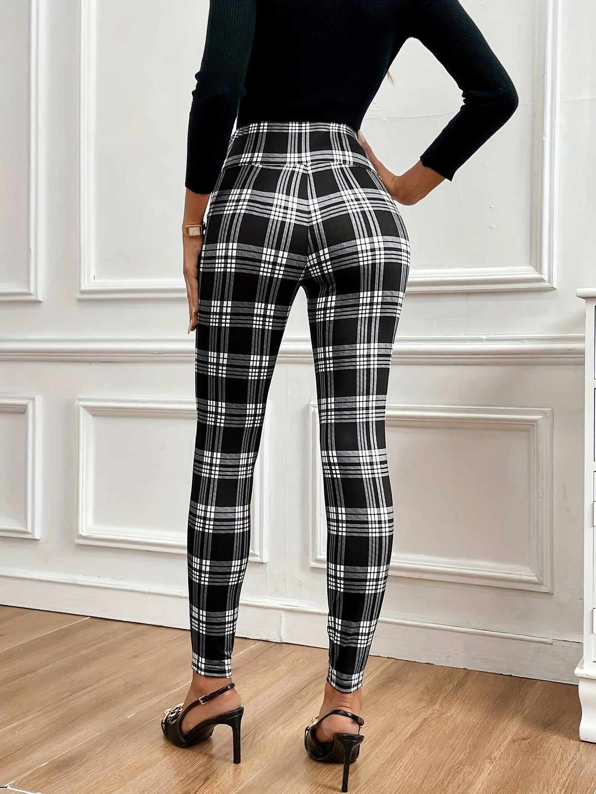 Pantalon skinny taille haute à carreaux