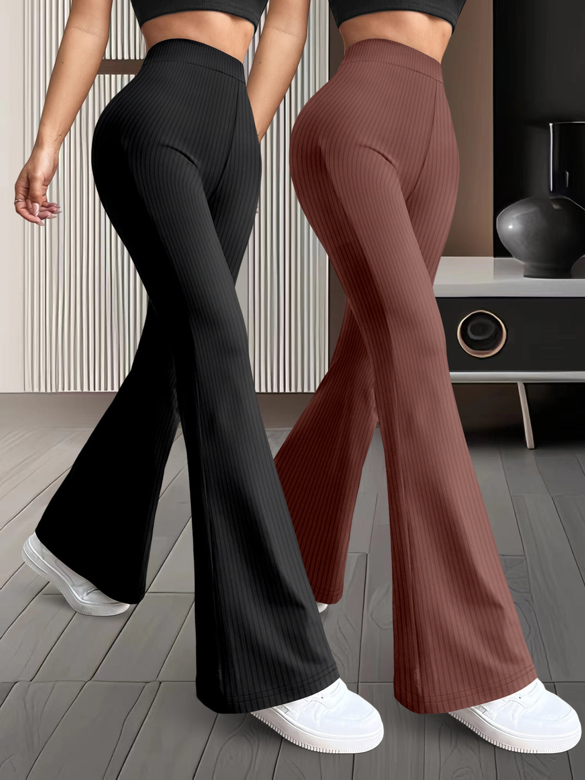 Lot de 2 paires de pantalons femme taille haute à jambes évasée