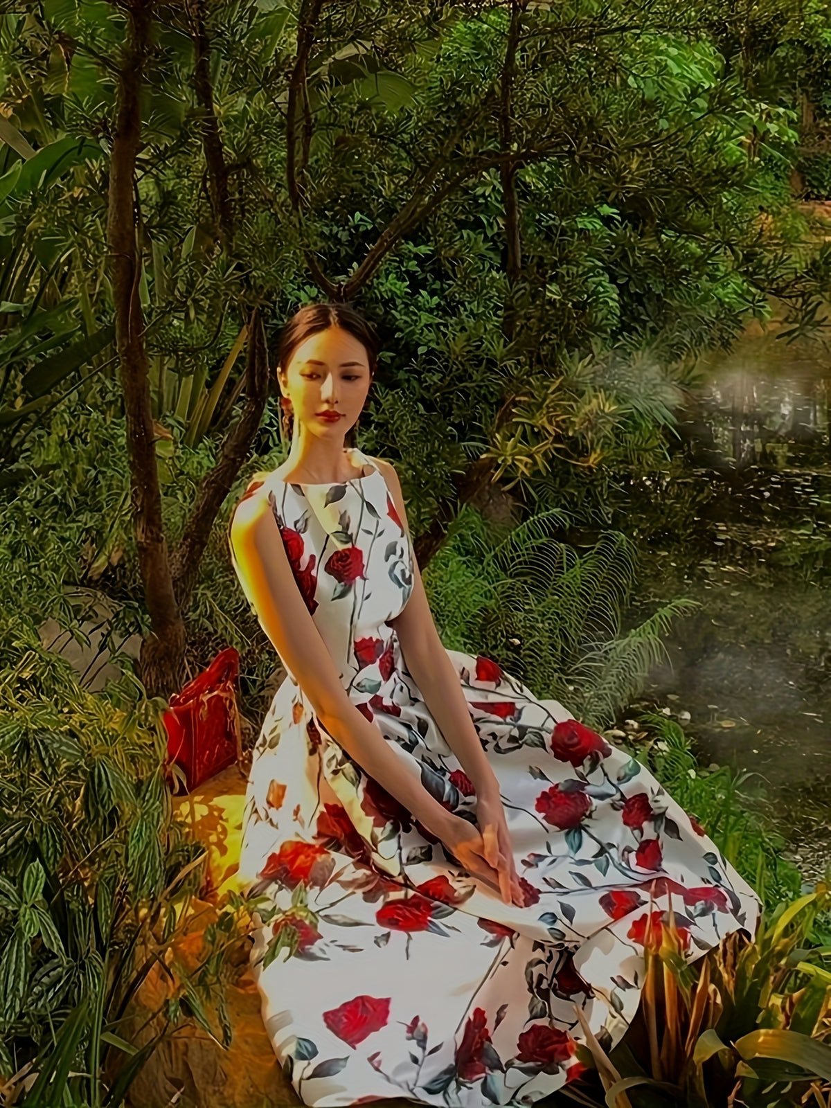 Robe longue sans manches imprimée roses rouges