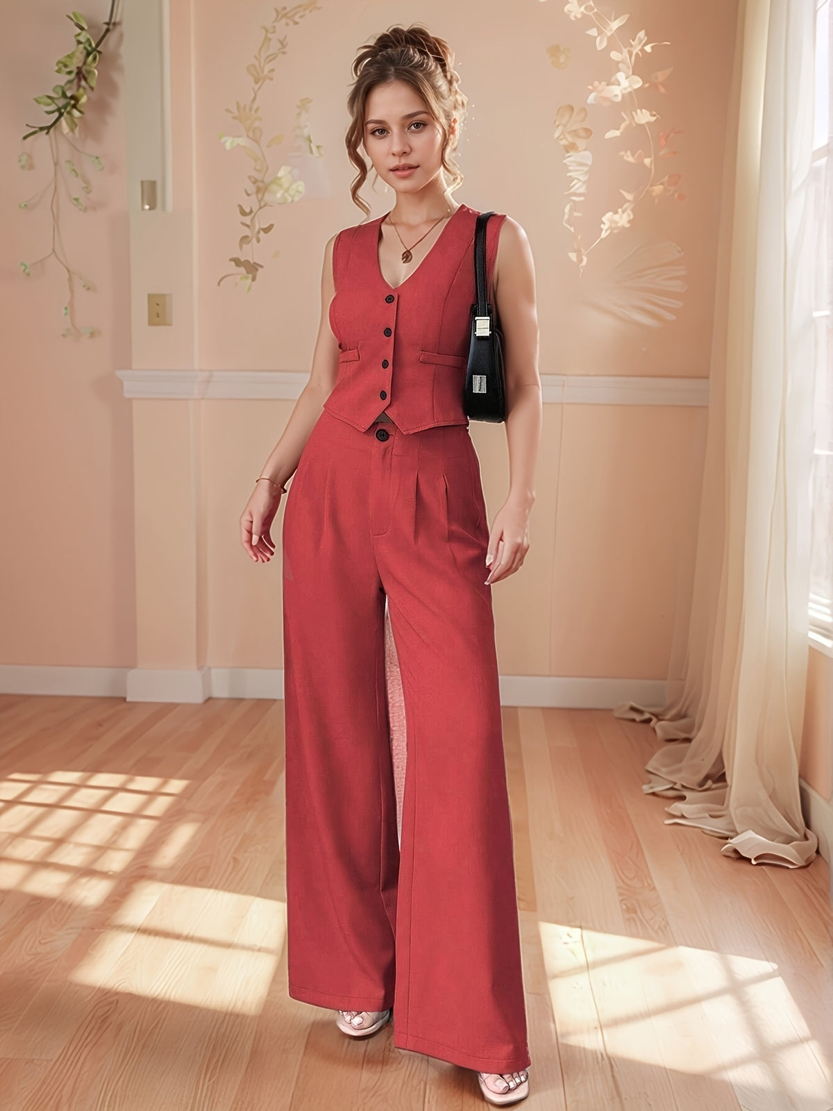 Chic red two-piece set : gilet blazer sans manches