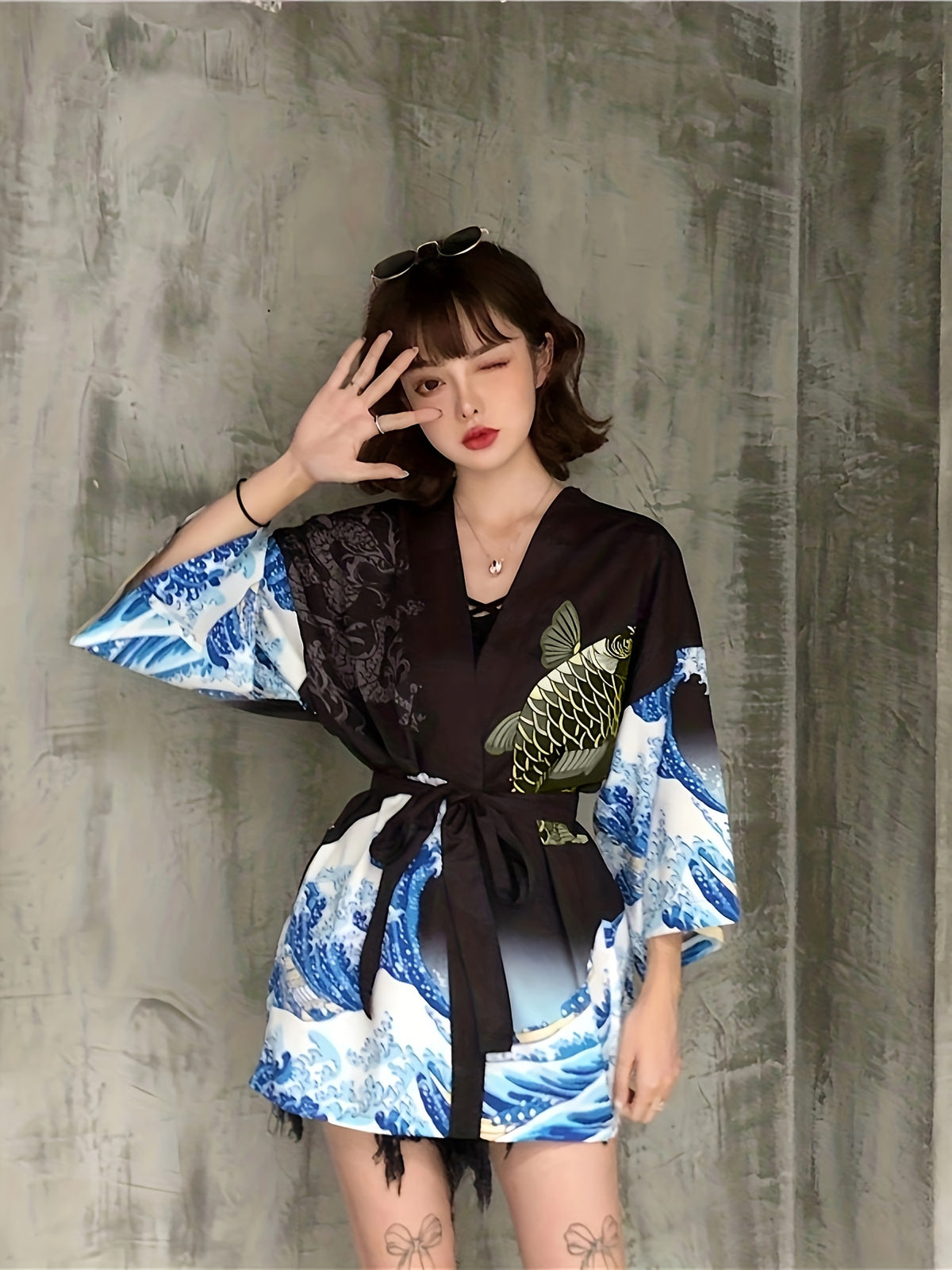 Kimono léger avec imprimé carpe koï &amp; vagues
