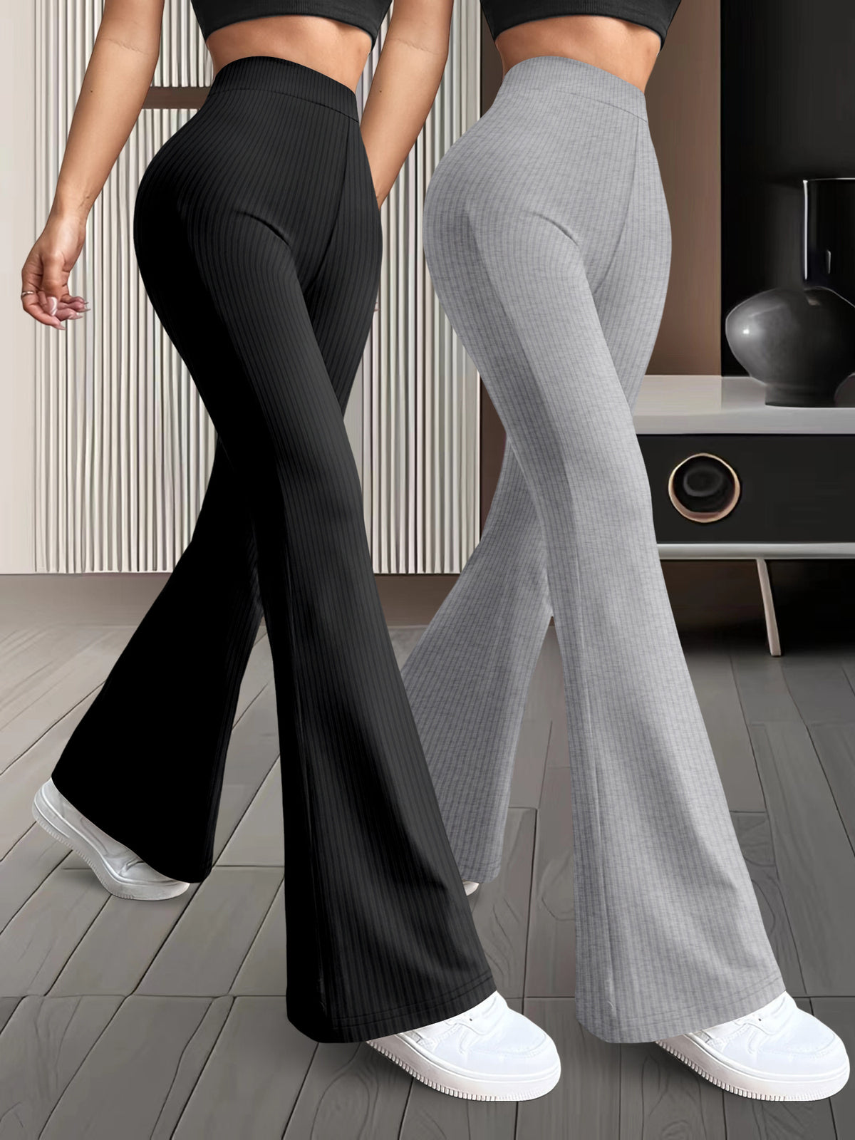 Lot de 2 paires de pantalons femme taille haute à jambes évasée