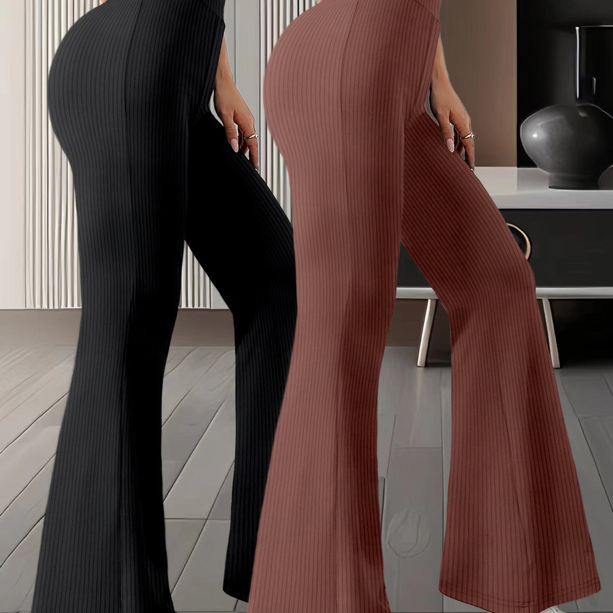 Lot de 2 paires de pantalons femme taille haute à jambes évasée