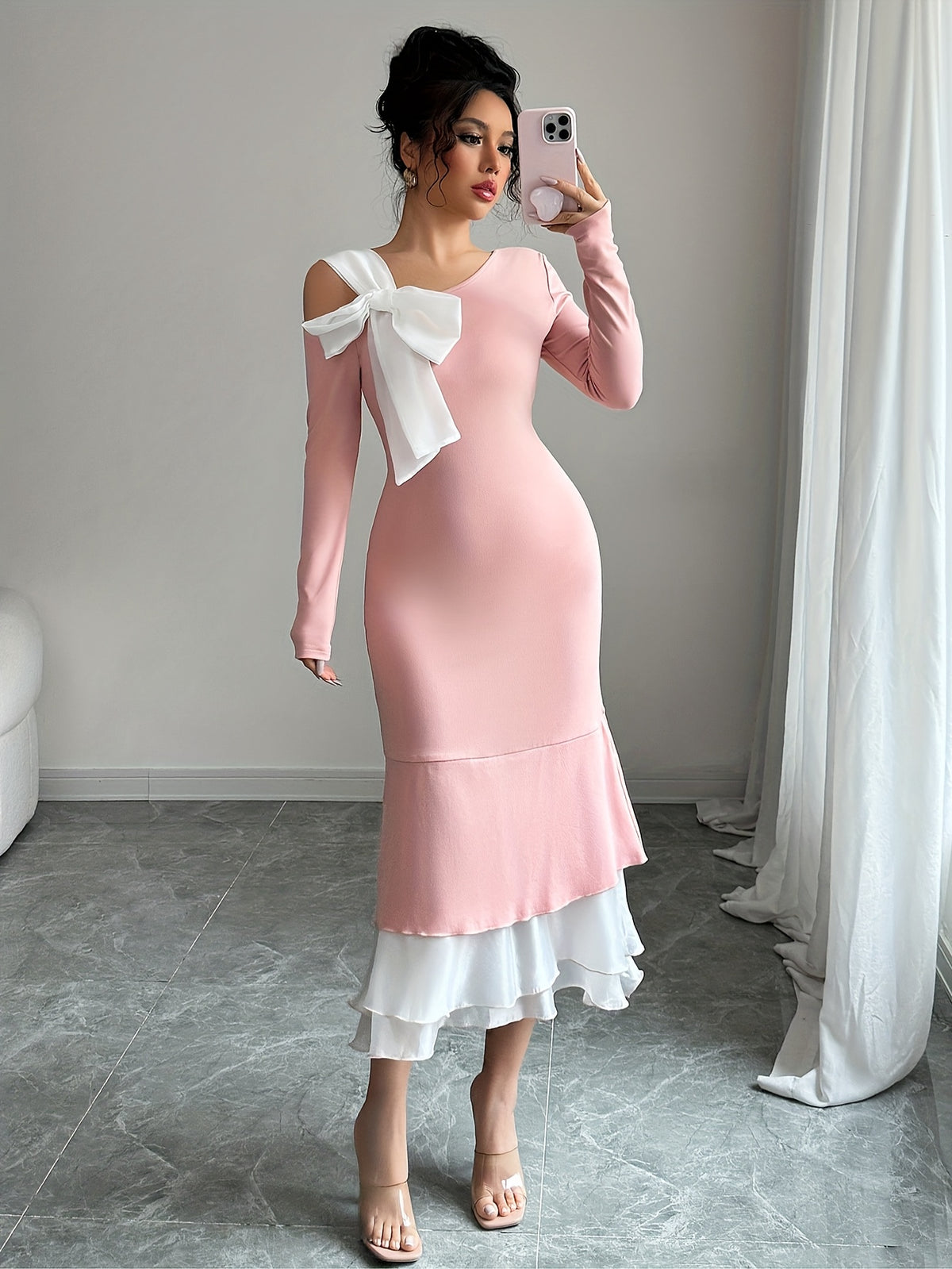 Robe tricotée asymétrique à une épaule avec nœud #Paris