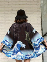 Kimono léger avec imprimé carpe koï &amp; vagues