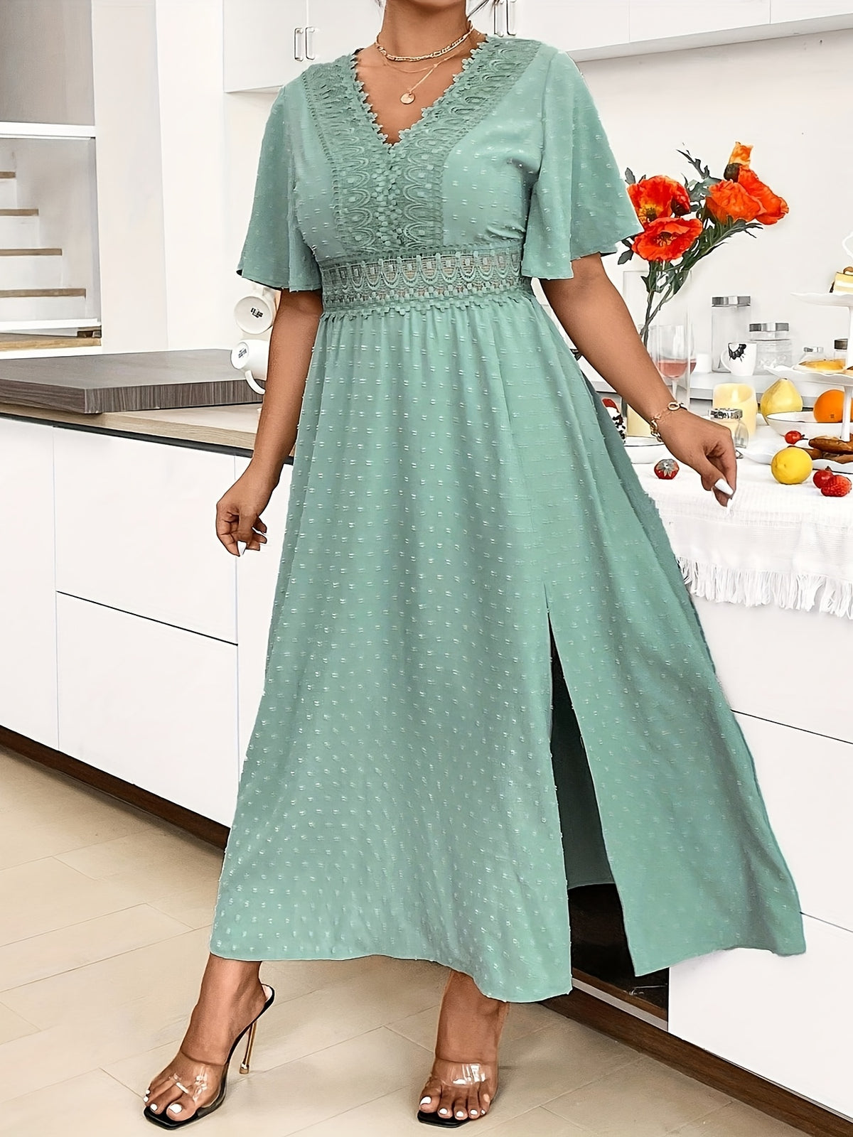Robe midi grande taille élégante vert menthe avec dentelle