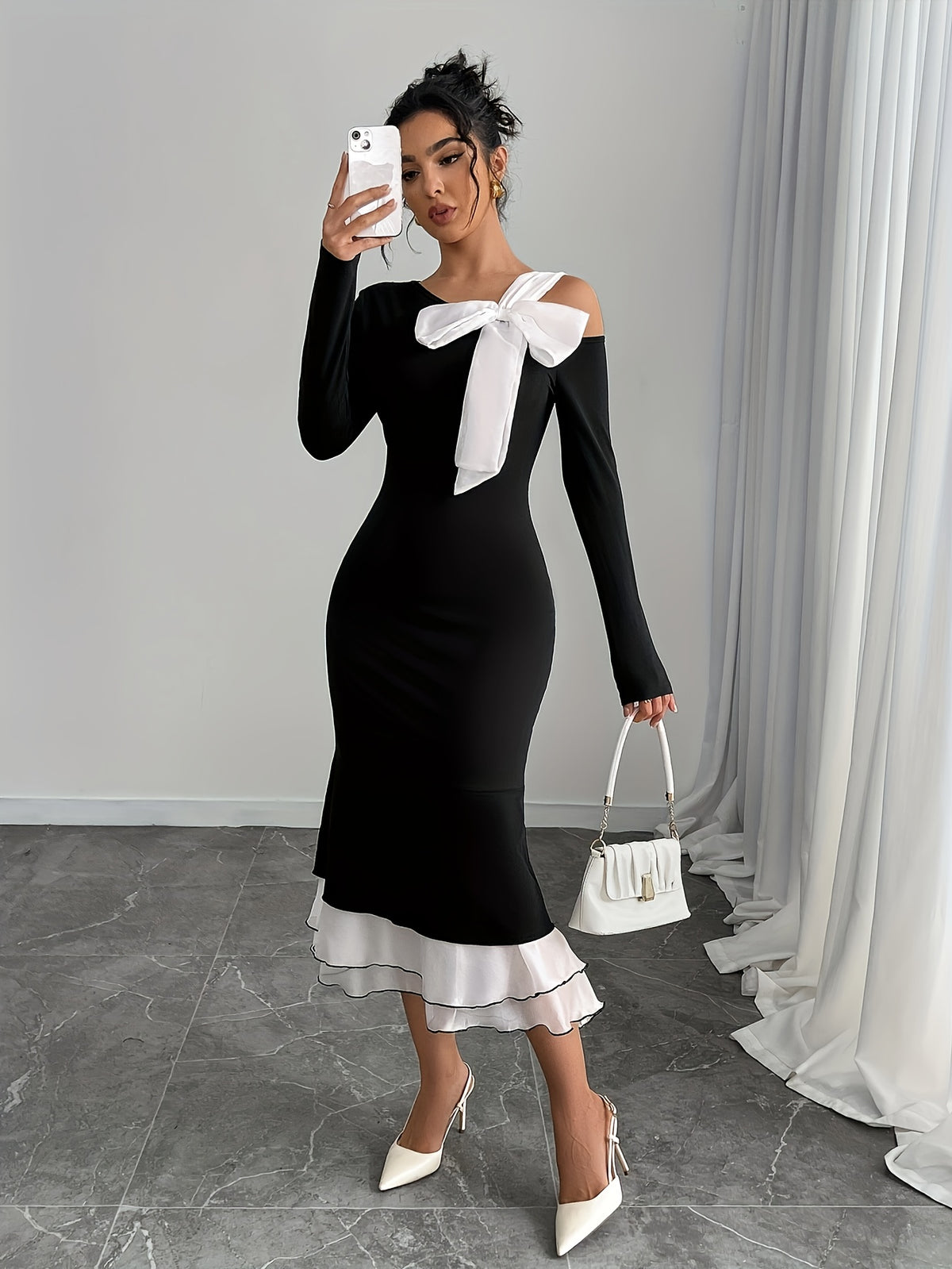 Robe tricotée asymétrique à une épaule avec nœud #Paris