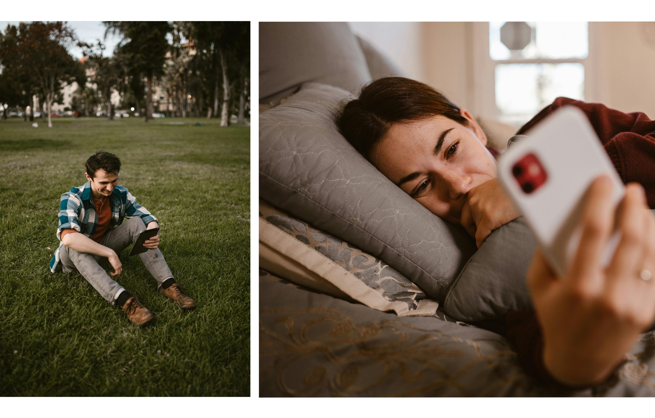 A couple staying connected through a video call while apart. Un couple restant connecté par un appel vidéo à distance.