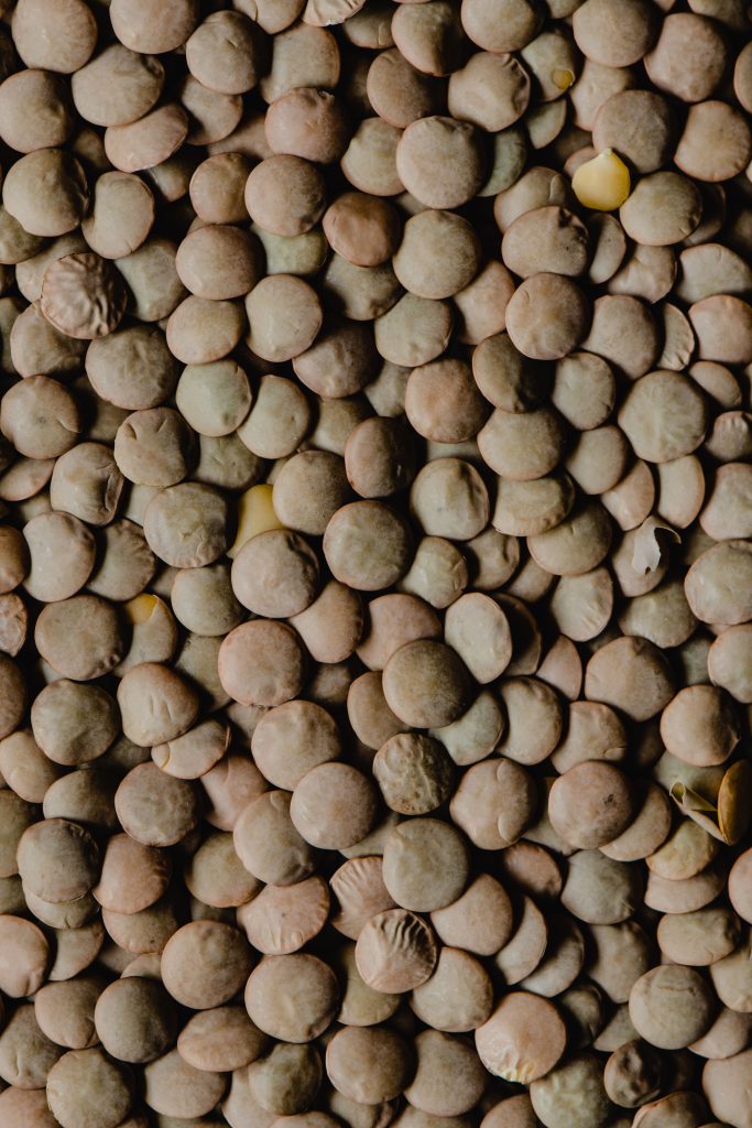 High-resolution close-up image showcasing the texture of dried brown lentils in natural light. Image en gros plan haute résolution mettant en évidence la texture des lentilles brunes séchées à la lumière naturelle.